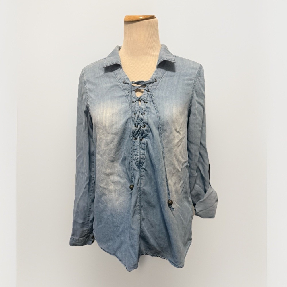 Hint‎ Of Mint DENIM STYLE CASUAL SHIRT Top ROLL TAB SLEEVES SIZE XL